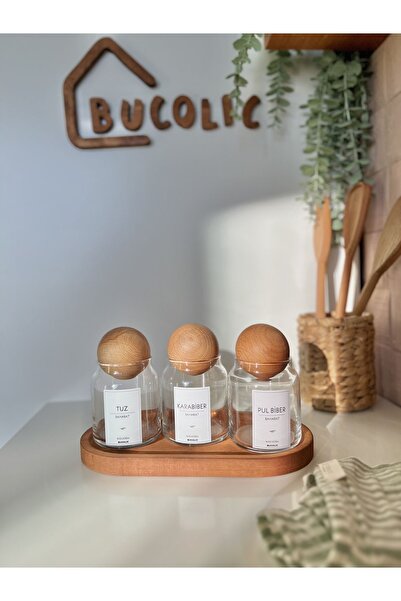 BUCOLIC طقم وعاء توابل زجاجي مكون من 3 قطع مع حامل خشبي وغطاء كروي خشبي