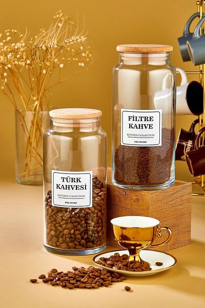 Yıldızan 2-Piece Wooden Lid Filter Coffee & Turkish Coffee Storage Container 1300 ml Glass Jar (Without Label)