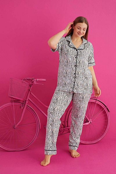 ELİTOL Set de pijamale din lycra din bumbac cu nasturi Battal