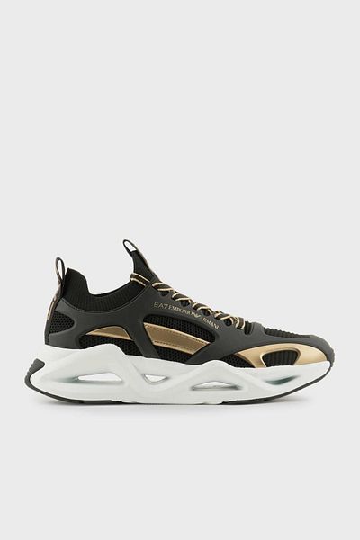 EA7 UNISEX Mesh Stripe Logo Lace Up Black-Gold Sneaker X8X174 XK377-M701