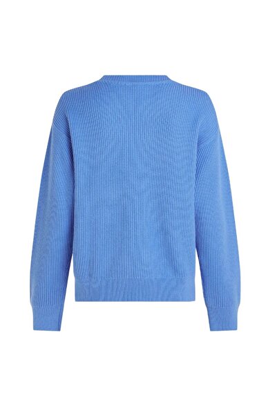 Tommy Hilfiger Kadın Baskılı Desenli Uzun Kollu Yuvarlak Yakalı Mavi Kazak WW0WW41146-C30