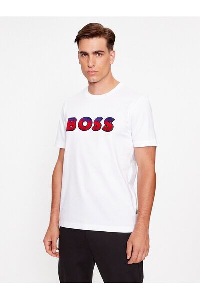 BOSS Erkek %100 Pamuklu Logolu Kısa Kollu Beyaz T-Shirt 50500760-100