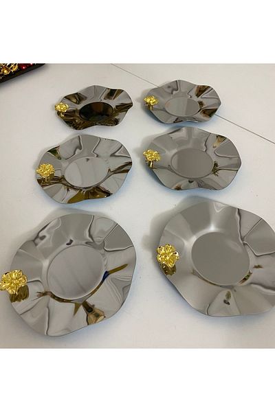 Elzem STAINLESS STEEL WAVY MODEL 6-PIECE TEA PLATE WITH JAPANESE ROSE ACCESSORIES