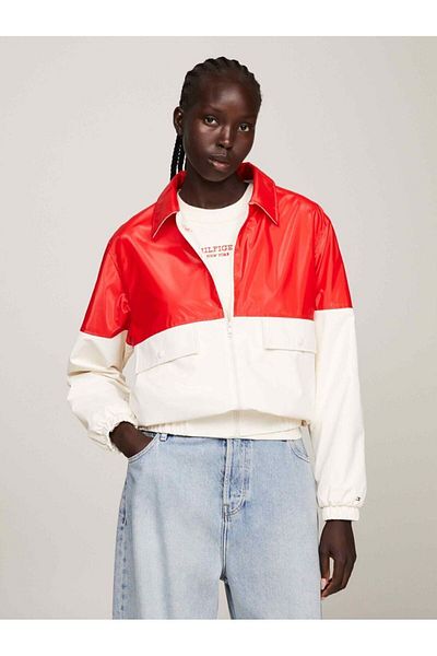 Tommy Hilfiger Women's Long Sleeve Zippered White-Red Jacket with Brand Logo WW0WW40472-0K9