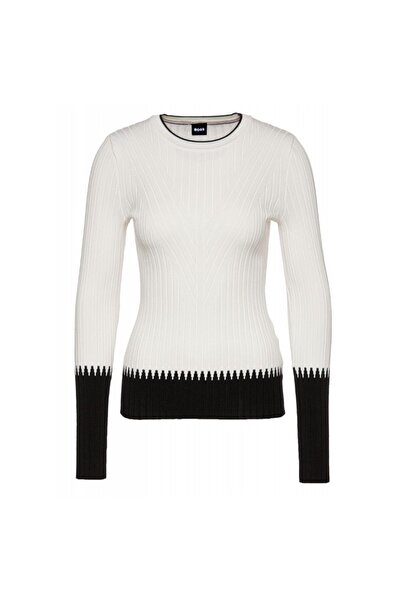 BOSS Kadın Marka Logolu Uzun Kollu Rahat Beyaz Kazak 50505698-962