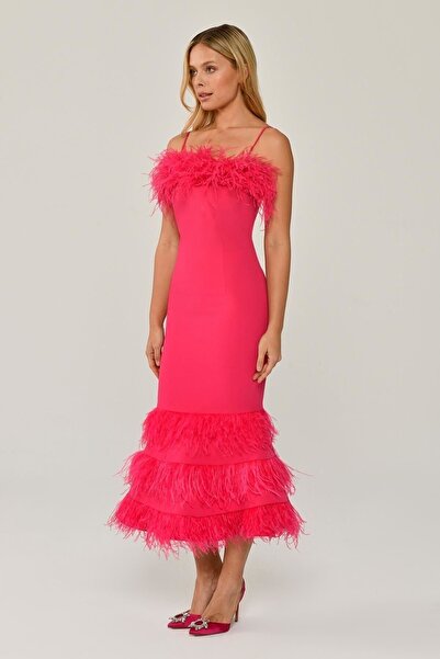 ALFABETA Kadın Ip Askılı Göğüs Ve Eteği Tüylü Balık Midi Fuşya Abiye & Mezuniyet Elbisesi Ab6119-fuşya