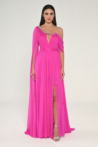 ALFABETA Fuchsia One Shoulder Slit Long Evening Dress - Homecoming Dress AB6594