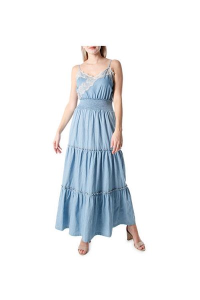 Liu Jo Rochie lungă albastră pentru femei, cu bretele, cu model de piept cu volane Ua2122d4695-78305