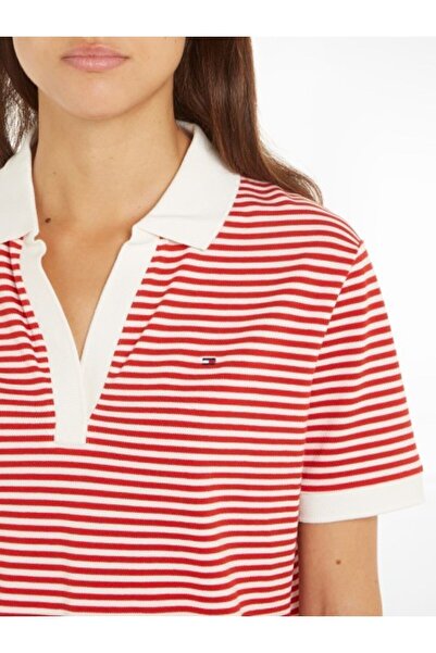Tommy Hilfiger Women's Brand Logo Short Sleeve Polo Neck Slim Red Polo Neck T-Shirt WW0WW41286-03O