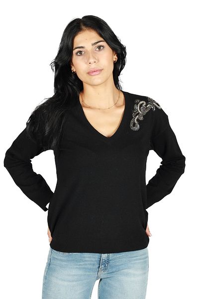 Liu Jo Pulover negru cu mânecă lungă, lână, cu decolteu în V, MF3013MS14G-22222