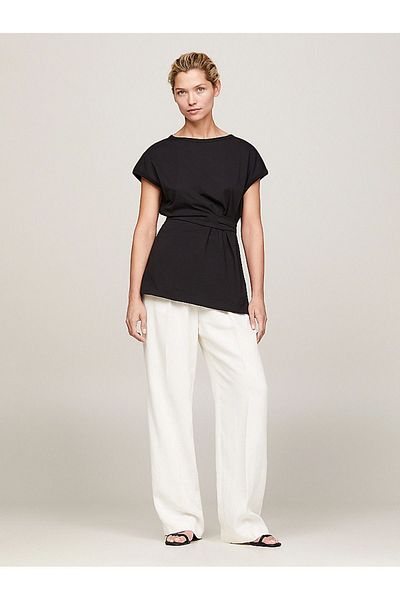 Tommy Hilfiger Women's Brand Logo Soft Cotton Daily Use Black Blouse WW0WW41206-BDS