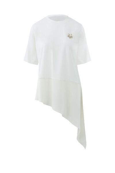 kı.we Saten  Kumaş Garnili Beyaz Örme Bluz