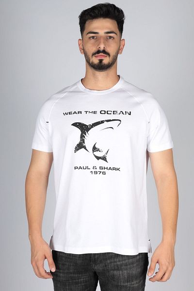 PAUL&SHARK Ανδρικό βαμβακερό κανονικό κοντομάνικο λευκό μπλουζάκι 23411018 -010