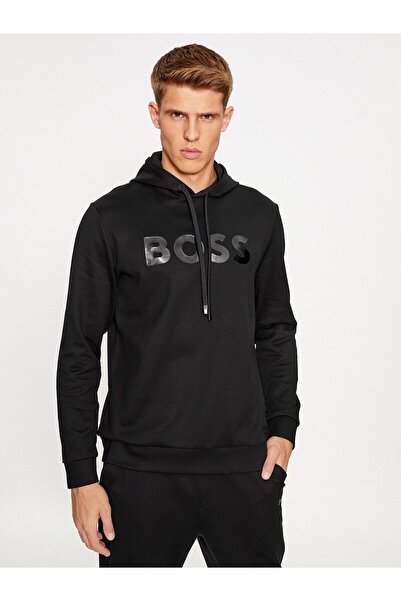BOSS Erkek Logolu Kapüşonlu Uzun Kollu Günlük Kullanım Siyah Sweatshirt 50501222-001
