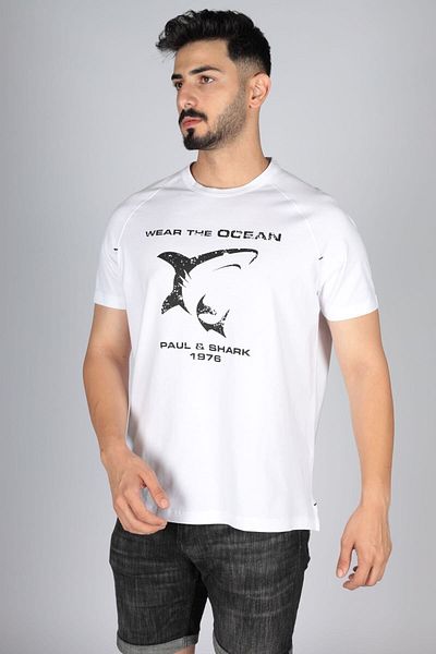 PAUL&SHARK Ανδρικό βαμβακερό κανονικό κοντομάνικο λευκό μπλουζάκι 23411018 -010