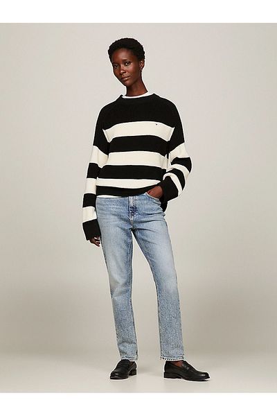 Tommy Hilfiger Women's Logo Round Neck Long Sleeve Casual Black-and-white Sweater WW0WW40751-0AS