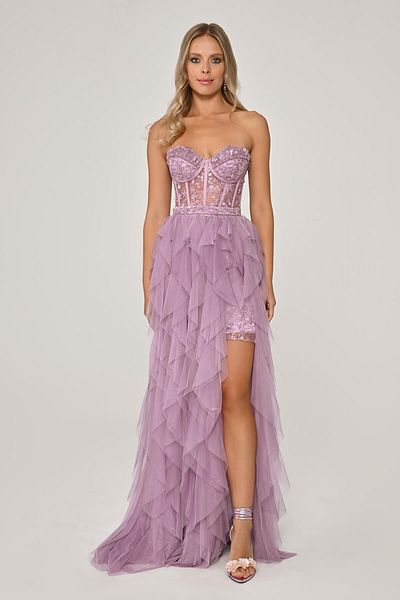 ALFABETA Women's Strapless V Decollete Slit Satin Long Lilac Evening & Graduation Dress AB6599-PINK