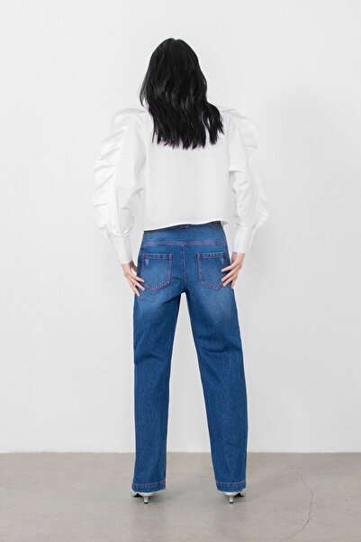 GİZİA Kırmızı Dikiş Detaylı Kırmızı Düğmeli Jean Pantolon