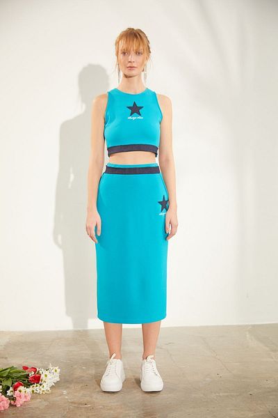 Naar Women's Elastic Waisted Long Size Daily Turquoise Skirt NAAR81504-TURQUOISE