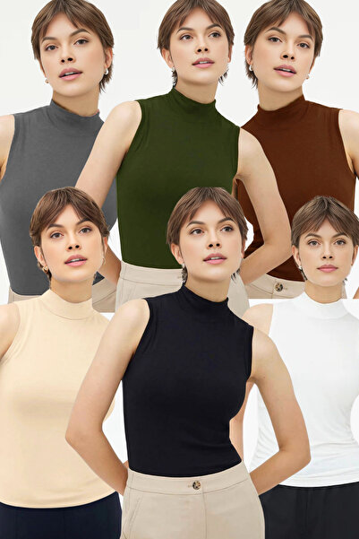 VODENS Kadın Siyah Kahve Bej Antrasit Beyaz Haki 6'lı Kolsuz Body Bluz