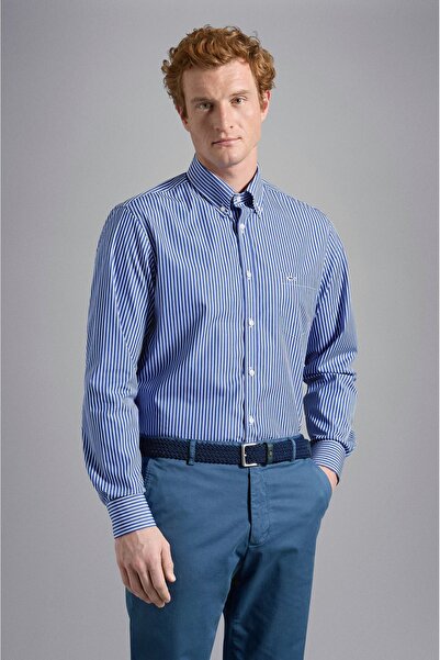 PAUL&SHARK Erkek Marka Logolu Düğmeli Gömlek Yaka Uzun Kollu Mavi Gömlek C0P3005-017