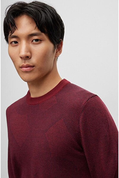 BOSS Erkek Pamuklu Marka Logolu Yuvarlak Yaka Bordo Kazak 50500675-602