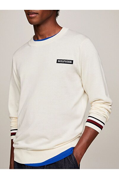 Tommy Hilfiger Erkek Logolu Yuvarlak Yakalı Uzun Kollu Günlük Kullanım Bej Kazak MW0MW33502-AEF