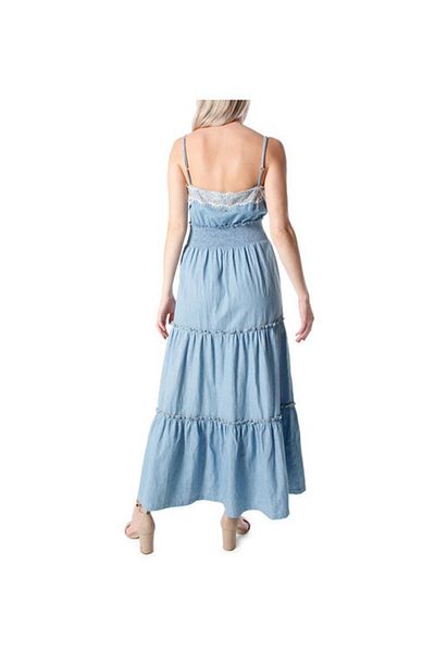 Liu Jo Rochie lungă albastră pentru femei, cu bretele, cu model de piept cu volane Ua2122d4695-78305