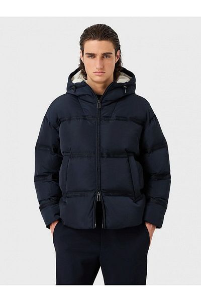 Emporio Armani Men's Hooded Collar Brand Detailed Zippered Puffer Navy Blue Coat 6R1B90 1NCFZ-0920