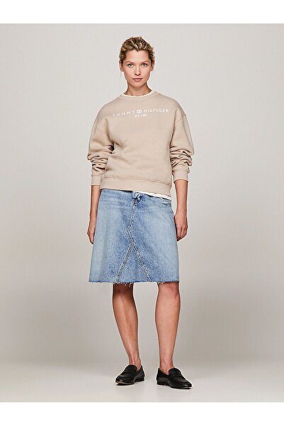Tommy Hilfiger Kadın Marka Logolu Uzun Kollu Rahat Bej Sweatshirt WW0WW39791-AEG