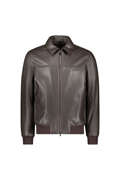 PAUL&SHARK معطف بني من الجلد بياقة قميص للرجال12312484-696