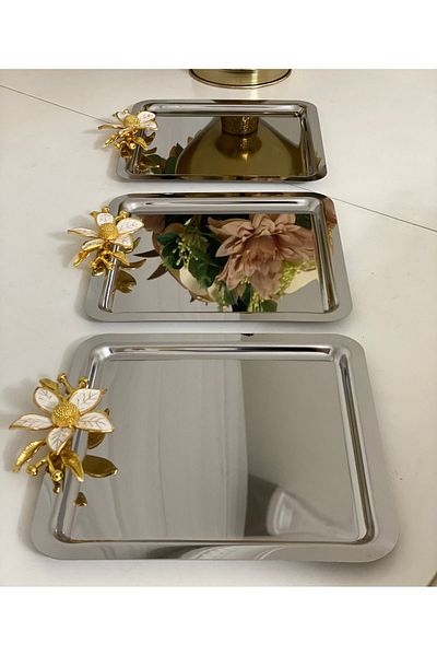 Elzem STAINLESS STEEL SQUARE 6-PIECE SERVICE AND PRESENTATION TABLE WITH LARGE FLOWER ACCESSORIES