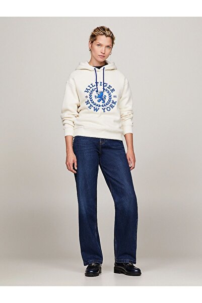 Tommy Hilfiger Kadın Marka Logolu Uzun Kollu Rahat Ekru Sweatshirt WW0WW40577-AEF