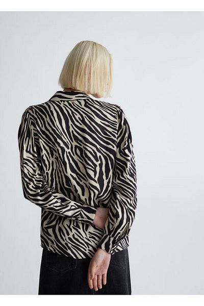 Liu Jo Women's Patterned Long Sleeve Shirt Collar Casual Black-Beige Blouse WF3018TS033-Q9693