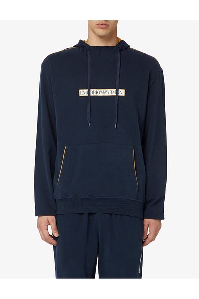 Emporio Armani Мъжки суитшърт с качулка и яка, стандартна кройка, памучен, дълъг ръкав, тъмносин, 112052 3F573-00135