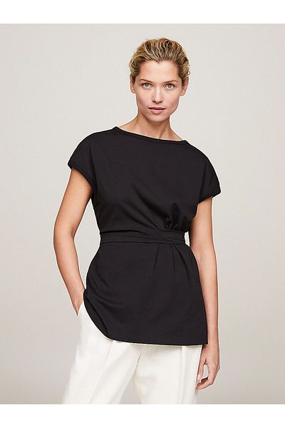 Tommy Hilfiger Women's Brand Logo Soft Cotton Daily Use Black Blouse WW0WW41206-BDS