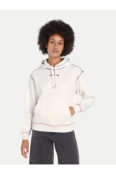Tommy Hilfiger Kadın Marka Logolu Uzun Kollu Rahat Beyaz Sweatshirt WW0WW42424-YBH