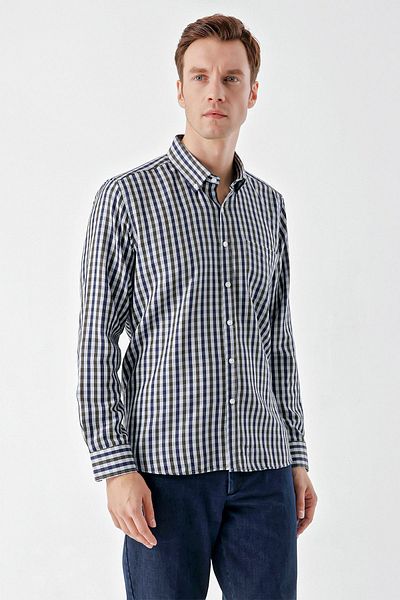 Morven Men's Green Trend Plaid Pocket Button Collar Regular Fit Shirt