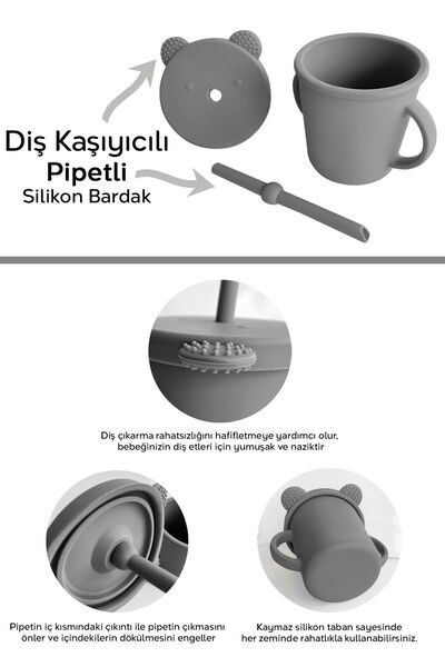 Meleni Baby Gray Silicone Baby Feeding and Training Cup - with Leak-Proof Lid and Straw