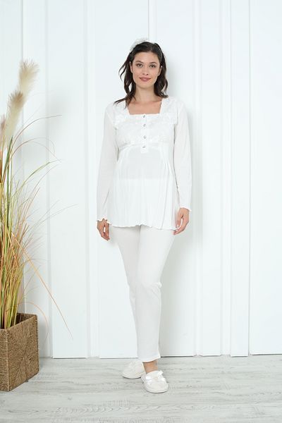 ERDENİZ TEKSTİL Lace Detailed Long Sleeve Maternity Pajama Set - Button Collar