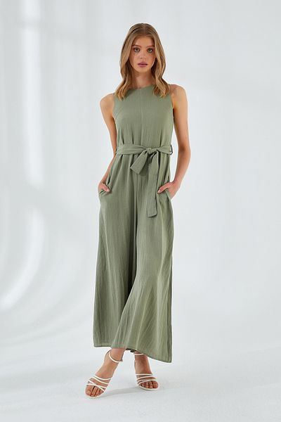 Mixray 4530 Women's Green Casual Wide Leg Linen Jumpsuit