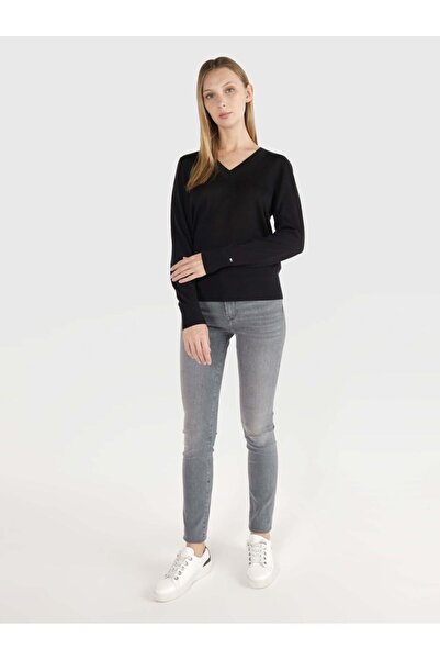 Tommy Hilfiger Kadın V yaka Uzun Kollu Siyah Kazak WW0WW40665-BDS