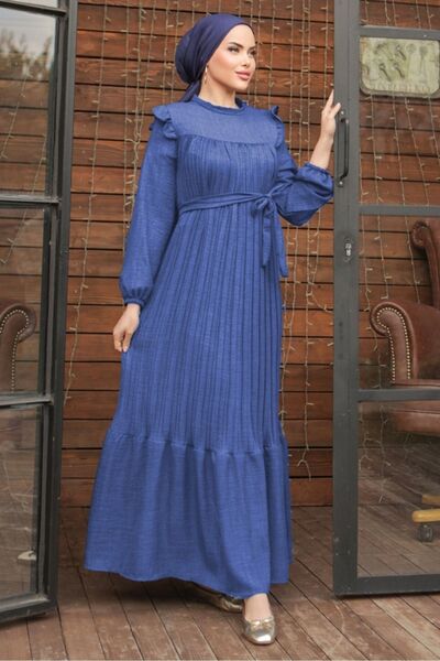Bestenur Fırfırlı Pilise Elbise 777 - İndigo