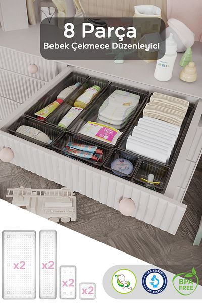 Meleni Baby 8 Piece Baby Drawer Organizer - Baby Organizer - Baby Care Organizer - Anthracite