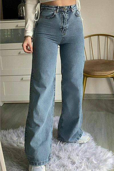 Livik Blugi albastru închis Power Lycra Medium Blue Snow Wash, talie înaltă, cu picioare late, din denim