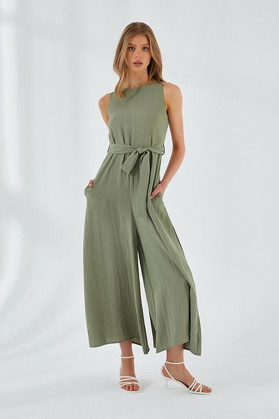 Mixray 4530 Women's Green Casual Wide Leg Linen Jumpsuit