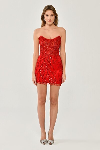 ALFABETA Kadın Ip Askılı Dekolteli Pullu Saçaklı Önden Yırtmaçlı Şifon Uzun Kırmızı Abiye & Mezuniyet Elbise