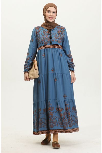sefamerve Indigo-Viskose-Kleid in Übergröße – 4084-07, Blumenmuster