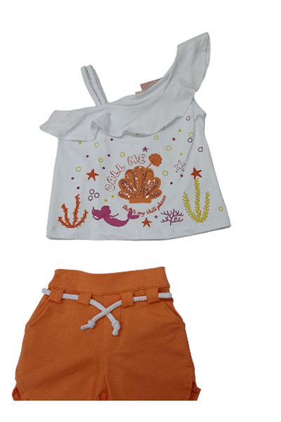 DAMLA BEBE 3-6 Years Girl's Mermaid Printed T-Shirt and Shorts Set - Orange