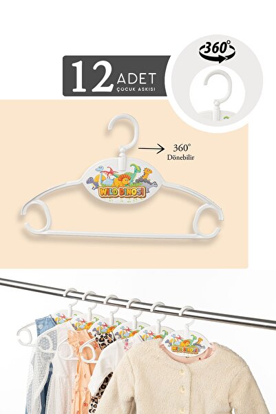 Meleni Baby 12 Adet 360° Dönebilen Bebek Elbise Askısı - Dolap Düzenleyici Çocuk Kıyafet Askısı - Beyaz